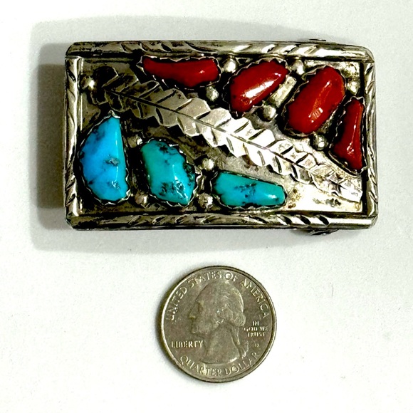 Signed - Angelita Cheama Zuni Vintage Turquoise Coral Sterling Belt Buckle - Picture 3 of 8